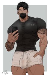 1boy balls_under_clothes bara beefy big_bulge bulge clothing covered_nipples daddy freeballing looking_at_viewer male male_only manly mask masked_male muscle_shirt muscular muscular_male no_underwear penis_under_clothes shorts solo solo_male ten_g89 tight_clothing