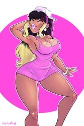 anime_style artist_request ass ass_shake backwards_baseball_cap big_breasts bimbo bimbo_body bimbo_lips bimbofication bimbofied black_hair breasts dark-skinned_female dark_skin female female_only lips lipstick nawtyq notquesty pink_dress