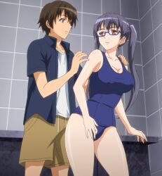 1boy 1girls bathroom big_breasts black_hair breasts brown_eyes brown_hair busty cleavage eroge!_h_mo_game_mo_kaihatsu_zanmai female glasses highres kosaka_iori large_breasts legs long_hair male mochizuki_tomoya one-piece_swimsuit red_eyes screencap shorts stitched swimsuit thighs third-party_edit twintails voluptuous