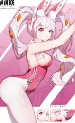 1girls alice_(nikke) alice_(wonderland_bunny)_(nikke) arched_back armpits ass bent_over breasts bunny_ears bunnysuit female_only from_side goddess_of_victory:_nikke pink_eyes sideboob twintails white_hair