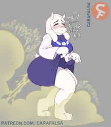 1girls 2d anthro ass_in_dress big_ass big_butt blush bubble_butt caprine carafalsa closed_eyes english_text fart fart_cloud fart_fetish farting female female_only furry goat horns humanoid skirt_lift smile solo solo_female talking text toriel undertale undertale_(series) watermark