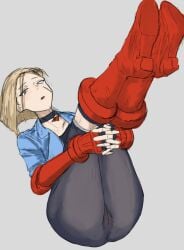 black_leggings blonde_hair blue_eyes cammy_white feet_together feet_up leggings legs_up looking_at_viewer open_mouth pussy scar simple_background street_fighter street_fighter_6 thick_ass thick_thighs thighs wishbone