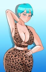 armpits asian asian_female big_ass big_breasts blue_eyes blue_hair bulma_briefs cleavage curvaceous curvy curvy_female curvy_figure dragon_ball dragon_ball_super dragon_ball_z leopard_print light-skinned_female light_skin married_woman mature_female milf mother sweat sweating tejapaynensfw thick_thighs wife