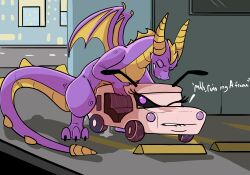 2022 activision anthro black_sclera car closed_eyes dialogue dragon dragons_having_sex_with_cars duo english_text eyelashes female hi_res living_car living_machine living_vehicle machine male male/female parking_lot penetration purple_eyes road spyro spyro_the_dragon text vehicle video_games violet_echo what window wugi