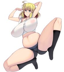 blonde_hair blue_eyes female huge_breasts leggings masao original original_character