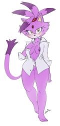 2021 anthro black_nose blaze_the_cat bluechika blush breasts clothed clothing domestic_cat felid feline felis female forehead_gem fur genitals hi_res mammal navel nipples open_clothing open_shirt open_topwear purple_body purple_fur purple_nipples pussy sega shirt simple_background solo sonic_(series) sonic_the_hedgehog_(series) topwear white_background yellow_eyes