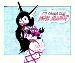 anthro big_daddy_cruel black_hair bondage bound female furry gag gagged rabbit rope rope_bondage tattoos white_fur