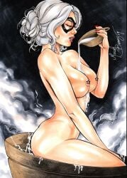 1girls bathtub big_breasts black_cat_(marvel) black_mask completely_naked_female ed_benes_studio felicia_hardy female female_only femme_fatale fit_female mariah_benes marvel marvel_comics mask masked_female pouring_milk red_lipstick signature solo solo_female spider-man_(series) white_hair