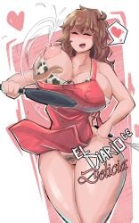 1girls apron big_ass big_breasts big_butt big_nipples bra breasts brown_hair closed_eyes comic comic_cover comicomryu cooking delicia_(comicomryu) female heart lactation long_hair mature_female milf milk nipples no_panties pancake patreon patreon_reward pubic_hair pussy smile solo