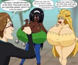 1boy 2girls 2girls1boy big_breasts bimbo bimbo_lips black_hair blonde_hair confade dark-skinned_female dialogue female hourglass_figure huge_ass huge_breasts hyper_breasts hypnosis male