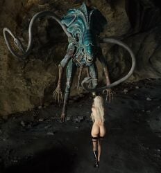 agent_26 alien bikini blonde_hair boots broken_rape_victim captured defeated forced pierced_nipples piercing rape realistic scared shooting stockings that3dartist torture xenomorph