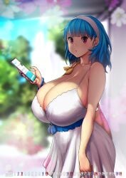 1girls 2022 babydoll bag bakunyuu bangs bare_shoulders blue_bracelet blue_hair blunt_bangs blurry blurry_background bracelet breasts bursting_breasts calendar_(medium) cellphone collarbone covered_breasts curvaceous dress earrings enormous_breasts erkazooya errorkazoo eye_contact eyebrows_visible_through_hair female female_only fingernail_polish fingernails fully_clothed hair_ornament hairband handbag hi_res high_resolution highres holding holding_cellphone holding_object holding_phone holding_smartphone huge_breasts huge_cleavage july july_(month) looking_at_viewer massive_breasts nail_polish original original_character outdoors outside parted_lips phone phone_screen pink_nail_polish pink_nails red_eyes rina_atherina rina_atherina_(errorkazoo) shaded shadow short_hair smartphone solo text top_heavy_breasts upper_body voluptuous voluptuous_female white_babydoll white_dress white_hair_ornament white_hairband