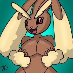 anthro big_breasts breasts brown_body brown_fur covering covering_breasts covering_self female fluffy fluffy_ears fur hi_res humanoid lagomorph leporid lopunny mammal nintendo pink_eyes pink_nose pokémon_(species) pokemon pokemon_(species) rabbit simple_background smile solo thick_thighs tkd video_games