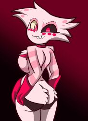 angel_dust_(hazbin_hotel) ass femboy fluffy_butt hand_on_butt hazbin_hotel looking_at_viewer nude_male spread_butt straight_hair thick_thighs