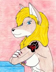 anthro big_daddy_cruel blond_hair blue_eyes breasts brown_fur female furry nipples tattoo