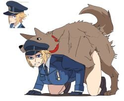 1girls bestiality blonde_hair blue_eyes brown_dog canine chris_westland dog doggy_style female_human/male_feral feral human interspecies military military_uniform rape rknight self_upload traced uniform vermeil_in_gold white_skin zoophilia