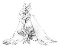 2018 accessory anthro avian breath_of_the_wild claws feather_hands feather_in_hair feathers genitals glans hair hair_accessory hi_res humanoid_genitalia humanoid_penis kass_(tloz) kass_(zelda) kenket male male_only monochrome nintendo penis penis_through_leghole poking_out rito scarf smile solo the_legend_of_zelda video_games