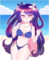 1girls 2022 beach bikini fanart hair hair_ornament hina_misora light-skinned_female light_skin long_hair long_hair_female looking_at_viewer medium_breasts momozora_seina_(artist) ocean purple_hair thighs virtual_youtuber wactor wactor_es wactor_production