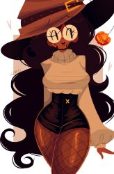 big_breasts breasts dark-skinned_female female fishnet_legwear glasses jack-o'-lantern long_hair sfw sweater tagme thick_thighs witch witch_hat xoauri