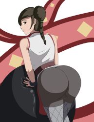 1girls ass behind_view bent_over bike_shorts bracelets braided_ponytail brown_eyes brown_hair bubble_butt clothed clothed_female clothes clothing dat_ass double_bun elmonais female female_only fishnet_stockings fishnets fully_clothed looking_at_viewer looking_back naruto naruto:_the_last posing short_shorts shorts solo stockings tenten