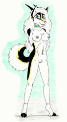 amputee anthro belly_button big_daddy_cruel boobs breasts canid canine collar female furry green_eyes hooves horns hybrid nipples piercings pussy tits vagina white_hair