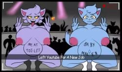 being_recorded big_belly big_breasts blue_eyes blue_fur breasts furry furry_only green_eyes huge_breasts katzun katzuns_mom mother_and_daughter peace_sign perky_nipples pregnant purple_fur recording scarecorrode sharp_teeth socks socks_only text text_on_stomach youtube youtuber