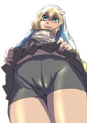 1boy blonde_hair blue_eyes bridget bulge doodle eye_contact femboy gloves guilty_gear guilty_gear_strive looking_at_viewer looking_down low-angle_view male_only megakura_kinshi minishorts penis penis_bulge shorts skirt skirt_lift solo solo_male spandex_shorts thick_thighs thighs