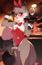 2022 2d 2d_(artwork) anthro balls biped black_body black_fur blush bodily_fluids bow_ribbon bow_tie brown_eyes canid canine censored clothed clothing crossdressing cum_in_a_cup digital_media_(artwork) erection eyewear fake_ears fake_rabbit_ears femboy fox fur furry genitals girly glasses grey_body grey_fur heart_censor hi_res humanoid_genitalia humanoid_penis inside looking_at_viewer male mammal mizo_ne open_mouth penis solo sweat white_body white_fur