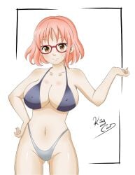 1girls alternate_body_type alternate_breast_size artist_name big_breasts bikini breasts brown_eyes busty cleavage female female_only glasses hand_on_hip kuriyama_mirai kyoukai_no_kanata large_breasts legs looking_at_viewer navel noboru_revista pink_hair short_hair smile solo swimsuit thighs thong_bikini voluptuous