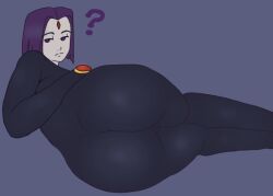 1girls ass big_ass big_butt cameltoe dc dc_comics female_only krendel latex lying_on_side pale_skin purple_eyes purple_hair question_mark rachel_roth raven_(dc) skin_tight straight_hair teen_titans unamused