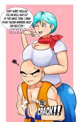 1boy 1girls alternate_breast_size asian asian_female big_ass big_breasts blue_eyes blue_hair breasts breasts_on_head bulma_briefs cleavage curvaceous curvy curvy_female curvy_figure dialogue dragon_ball dragon_ball_super dragon_ball_z female hi_res highres huge_breasts jeans krillin kuririn large_breasts light-skinned_female light_skin male male/female married_woman mature_female milf mother scarf speech_bubble tejapaynensfw text thick_thighs white_shirt wife