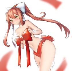 1girls almost_naked belly_button blush bow bow_bra breasts brown_hair cute doki_doki_literature_club female green_eyes hair hair_bow hair_ribbon long_hair midriff monika_(doki_doki_literature_club) naked nallim navel nude red_bow red_ribbon ribbon ribbon_bra ribbon_clothes ribbons smiling solo solo_female thighs thin_waist white_bow wholesome wholesome_nudity