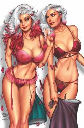 2girls big_breasts dominant_female femme_fatale garter_straps lingerie long_hair looking_at_viewer mike_debalfo multicolored_hair persuasion pink_lipstick seductive_eyes seductive_look tagme thong unknown_characters