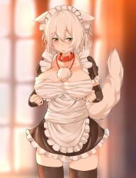 alternate_costume animal_collar animal_ears apron bandages blush breasts bridal_gauntlets budget_sarashi collar collarbone cowboy_shot dress ears_down enmaided female frilled_apron frilled_dress frilled_sleeves frills furrowed_brow grey_hair hair_between_eyes half-closed_eyes highres houkai_(collapse_illust) jewelry large_breasts looking_at_viewer maid maid_apron maid_headdress messy_hair momiji_inubashiri open_mouth pendant pom_pom_(clothes) sarashi short_dress short_hair short_sleeves skindentation solo tail thighhighs touhou wolf_ears wolf_tail yellow_eyes zettai_ryouiki