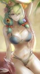 arm_over_head beach beach_towel beauty_mark blouse blouse_removed bows ceres_fauna clothed gem green_hair hololive hololive_english hololive_english_-council- hololive_english_-promise- horns jewelry large_breasts medium_breasts nail_polish open_mouth open_smile pointy_chin pov pov_eye_contact ribbons ribbons_in_hair shade shirt_down smile swimsuit swimwear tommietomm towel twintails virtual_youtuber yellow_eyes