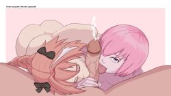 1girls 2boys astolfo_(fate) both_sexes_in_same_situation braid braided_ponytail captainmilf closed_eyes cumming cumming_from_giving_oral fate/apocrypha fate/grand_order fate_(series) femboy high_resolution licking_penis mash_kyrielight pink_hair pov purple_eyes short_hair sucking