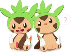 absurd_res balls blush buckteeth chespin duo female feral genitals hi_res male minami_(artist) nintendo penis pokémon_(species) pokemon pussy question_mark simple_background sitting tapering_penis teeth video_games white_background