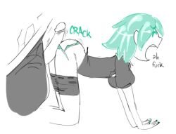 1other 2018 angry black_shorts blue_fingernails blue_hair chibi-chaser complaining cracks funny houseki_no_kuni human_on_humanoid humor light_blue_hair looking_back motion_lines pants_around_thighs pants_down penis_on_ass phosphophyllite short_hair shorts text uniform white_background white_skin