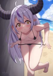 absurdres ahoge artist_name beach bikini bikini_pull black_bikini blush braid breasts chestnut_mouth clothes_pull dated demon demon_girl demon_horns ear_blush female grey_hair hashira_14 highres hololive hololive_japan holox horns la+_darknesss long_hair looking_at_viewer micro_bikini multicolored_hair navel outdoors pointy_ears rainbow signature small_breasts solo standing standing_on_one_leg streaked_hair striped_horns sweat swimsuit thighs very_long_hair virtual_youtuber yellow_eyes