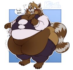 1boy animal_ears anthro anthro_only ass belly belly_exposed belly_overhang big_ass big_belly big_butt black_nose brown_body brown_fur brown_tail chubby chubby_face chubby_male clothed dark_brown_body dark_brown_fur dark_brown_tail fat fox_ears front_view full_body fur furry furry_only huge_belly kafrizzzle light_brown_ass light_brown_body light_brown_fur looking_to_the_side male male_only multicolored_tail no_visible_genitalia no_visible_nipples open_mouth overweight overweight_male pointy_teeth puffy_cheeks purple_shirt ripped_clothing ripping ripping_clothing ripping_shirt snout standing teeth wardrobe_malfunction white_tail white_teeth white_undershirt