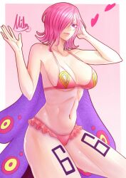 1girls big_breasts bikini breasts curly_eyebrow curvy female female_only mifenami one_piece pink_hair short_hair solo tattoo thick_thighs thigh_tattoo vinsmoke_reiju