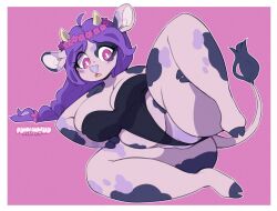 2_horns anthro artist_name ass barely_visible_genitalia barely_visible_pussy belly big_breasts blush bovid bovine breasts cattle clothing digital_media_(artwork) eyelashes feet female fingers flower flower_crown fur genitals hair hi_res hooves horn leotard long_hair lying mammal on_side open_mouth overweight pink_eyes plant punkinbuu purple_body purple_fur purple_hair purple_nose pussy simple_background solo spots spotted_body spotted_fur spread_legs spreading tight_clothing tongue watermark