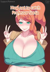 1girls alternate_body_type alternate_breast_size big_breasts breasts breasts_bigger_than_head busty cleavage curvy curvy_body curvy_female curvy_figure double_v enormous_breasts female female_focus game_freak green_eyes huge_breasts large_breasts long_hair massive_breasts nintendo orange_hair peace_sign pokemon pokemon_ss smile smiling sonia_(pokemon) suppuri voluptuous