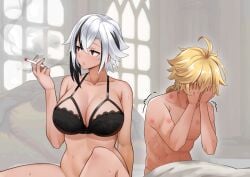 1boy1girl 1girls abs aether_(genshin_impact) after_sex arlecchino_(genshin_impact) bed bed_sheet bedroom black_bra blonde_hair blush bonz0616 bonz_(bonz0616) bottomless bra breasts cigarette cleavage embarrassed femdom genshin_impact hi_res hickey large_breasts lingerie mature_female mihoyo milf morning older_female post_sex short_hair smoking straight sweat toned toned_male trembling white_hair younger_male