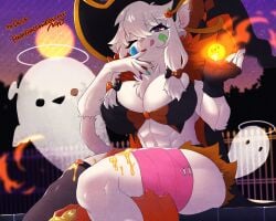 1girls :q anthro bandaid bandaid_on_face big_breasts female female_only frankie_(extremedash) fur furry furry_only ghost halloween halloween_costume hi_res lion lion_ears looking_at_viewer mid_skb narrowed_eyes pantherine purple_eyes sitting smiling_at_viewer solo twintails white_fur white_hair will-o-wisp wink winking_at_viewer witch_hat