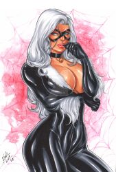 1girls big_breasts black_cat_(marvel) blue_eyes cleavage dominant_female ed_benes_studio felicia_hardy female female_only femme_fatale fit_female lanio_sena latex_suit long_hair marvel marvel_comics pink_lipstick seductive_look skin_tight solo spider-man_(series) white_hair