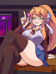 1girls blue_skirt bow bra brown_hair crossed_legs deathzera desk doki_doki_literature_club green_eyes hand_on_desk heart_pen looking_at_viewer monika_(doki_doki_literature_club) pen pink_pen school_uniform sitting sitting_on_desk skirt smiling smiling_at_viewer solo thighhighs uniform white_bow