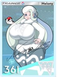 1girls big_breasts breasts card card_(medium) clothed clothing edit edited grey_nails hat headgear huge_breasts human large_breasts league_card mehdrawings melony_(pokemon) milf nail_polish nintendo poke_ball pokemon pokemon_card pokemon_ss pokemon_tcg solo thick_thighs trading_card wide_hips wink