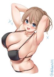 armpits arms_up bangs bikini black_bikini blush breasts brown_hair collarbone ebifurya female hair_between_eyes highres huge_breasts intrepid_(kantai_collection) kantai_collection light_brown_hair looking_at_viewer navel o-ring o-ring_bikini one-hour_drawing_challenge open_mouth ponytail simple_background skindentation smile solo sparkle strap_gap string_bikini swimsuit twitter_username underboob white_background