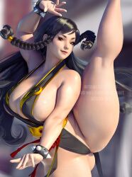 alternate_costume artnip big_breasts black_hair breasts brown_eyes cameltoe capcom chinese_clothes chun-li chun-li_(battle_ouffit_sfv) cleavage leg_up splits street_fighter street_fighter_v tagme thick_thighs thighs vertical_splits